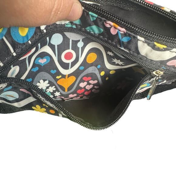 LeSportsac Retro Floral Wave Print Zip Cosmetic Pouch Makeup Bag black - Picture 10 of 12